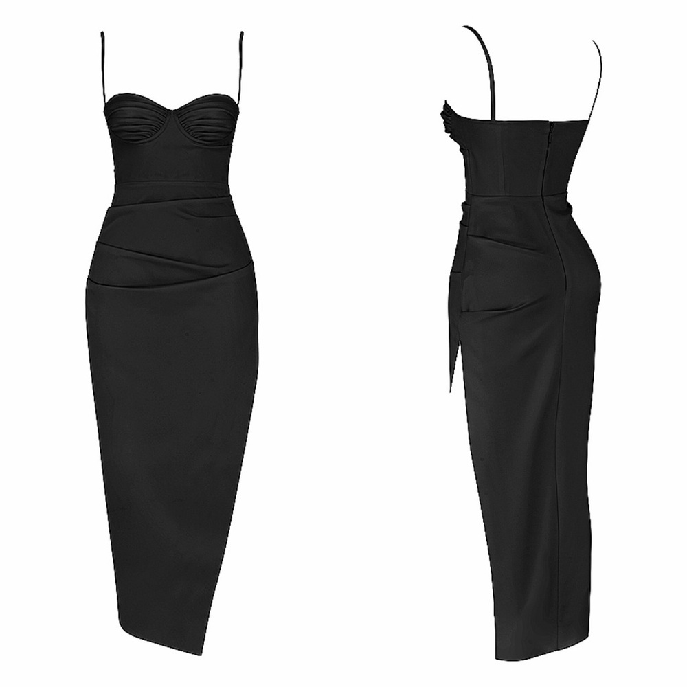 House of CB Flora Satin Pleated Corset Midi Dress Black - Picture 5 of 8